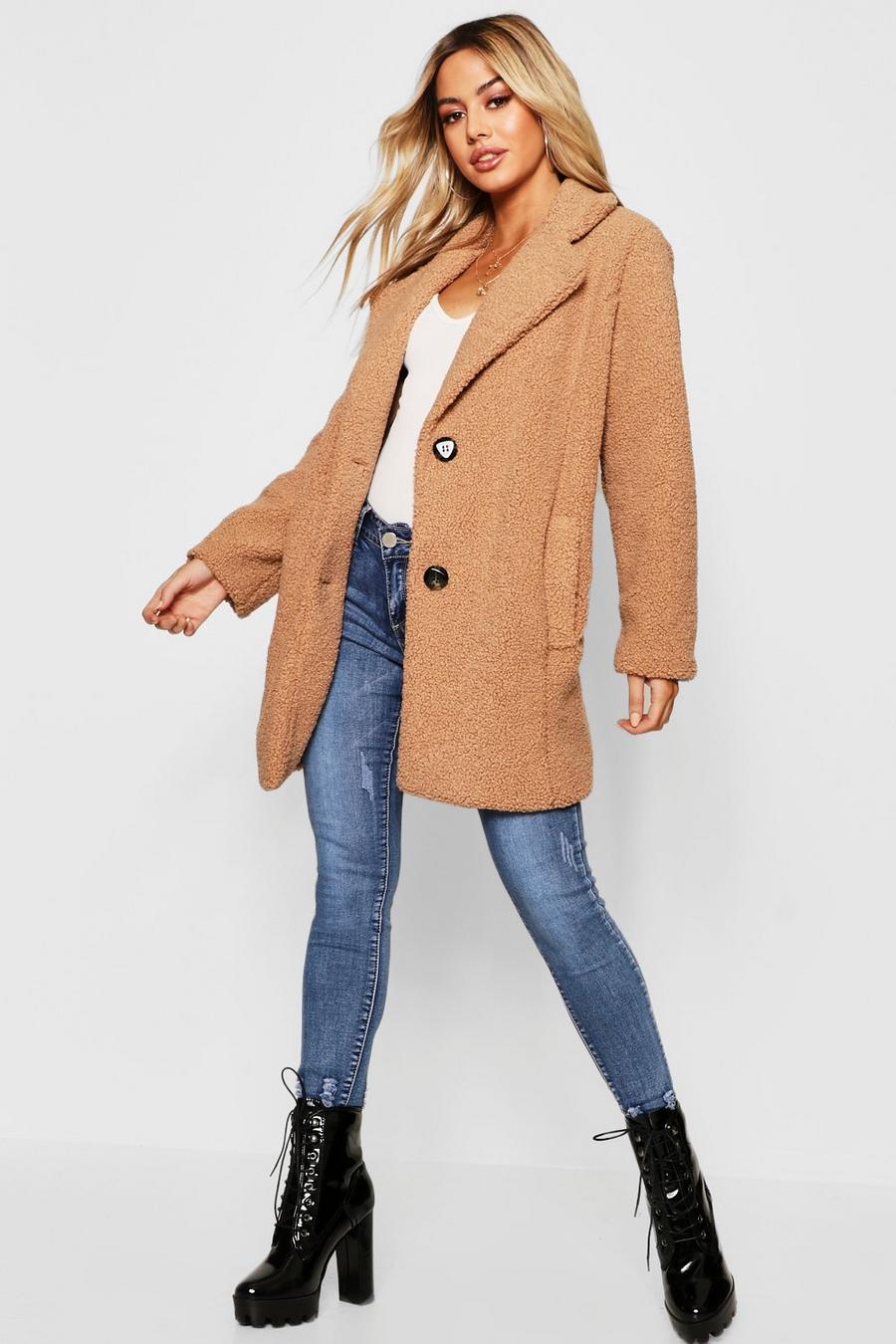Camel Petite Button Through Teddy Coat image number 1