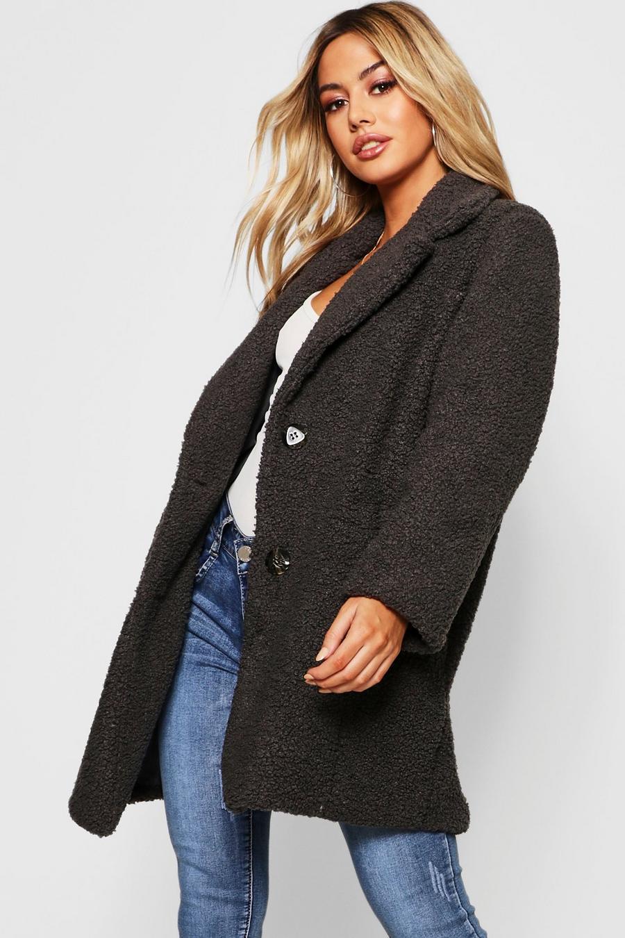 Grey Petite Button Through Teddy Coat image number 1