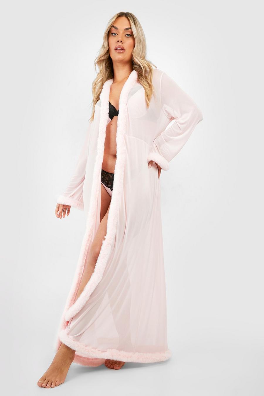 Pink rose Plus Kimono Robe With Fluffy Trim image number 1