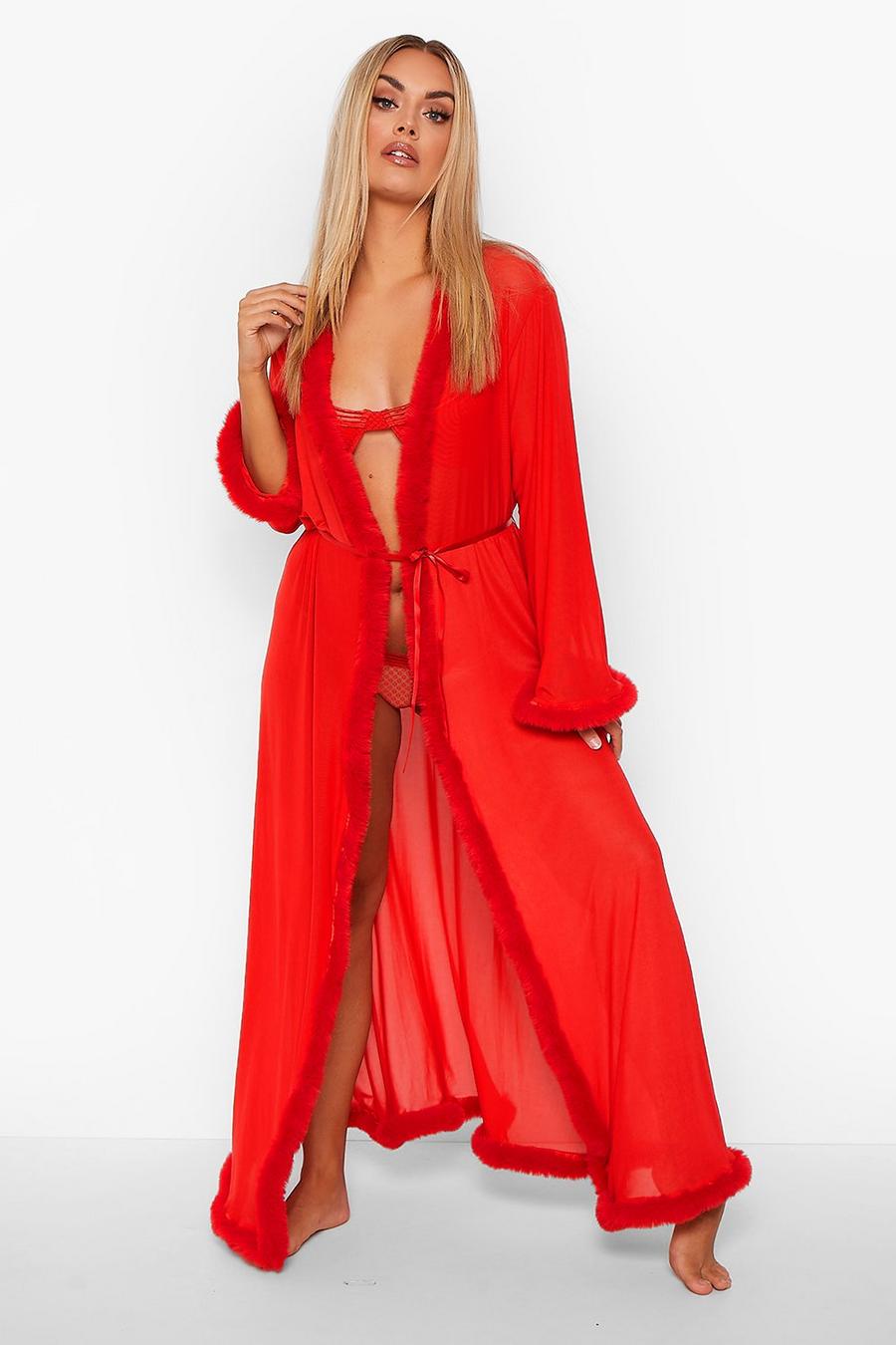Red Plus Kimono Robe With Fluffy Trim image number 1