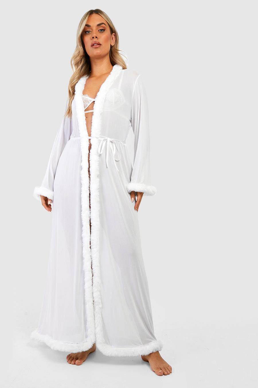 White Plus Kimono Robe With Fluffy Trim image number 1