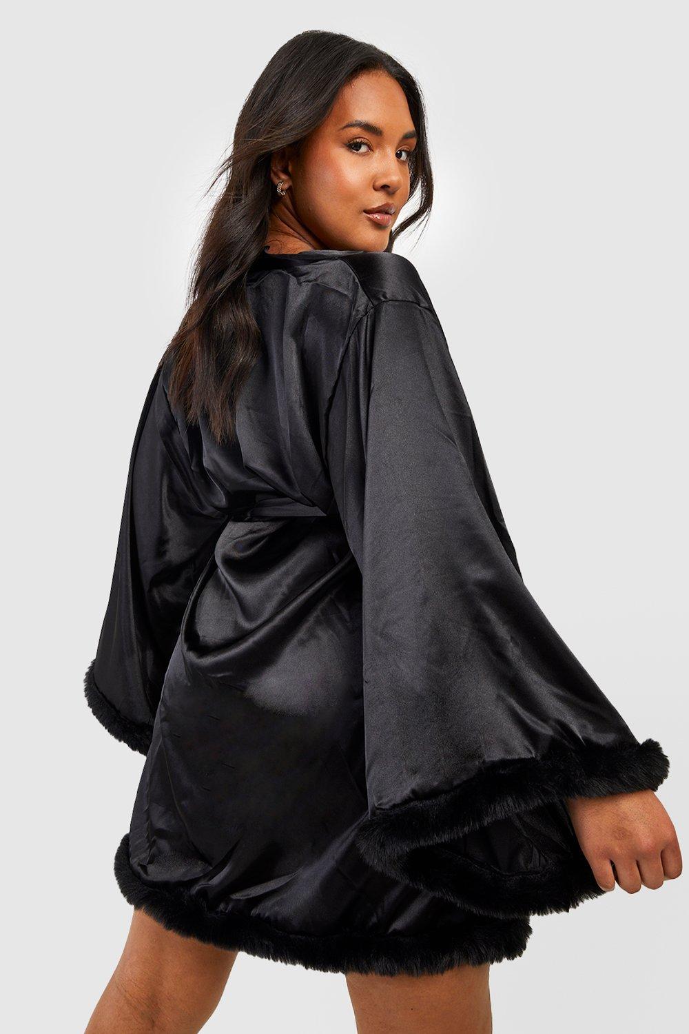 Plus Kimono Robe With Fluffy Trim