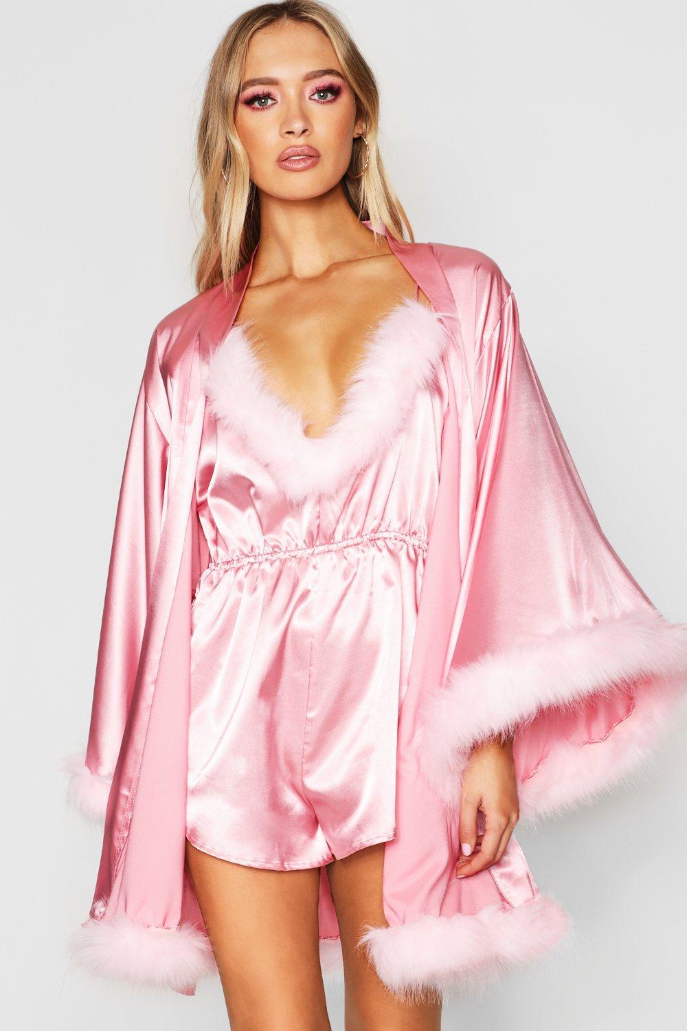 Women s Pink Plus Short Kimono Robe With Fluffy Sleeve Boohoo UK