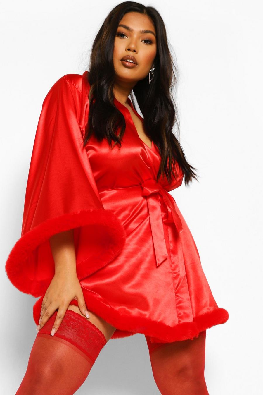 Red rot Plus Short Kimono Robe With Fluffy Sleeve image number 1