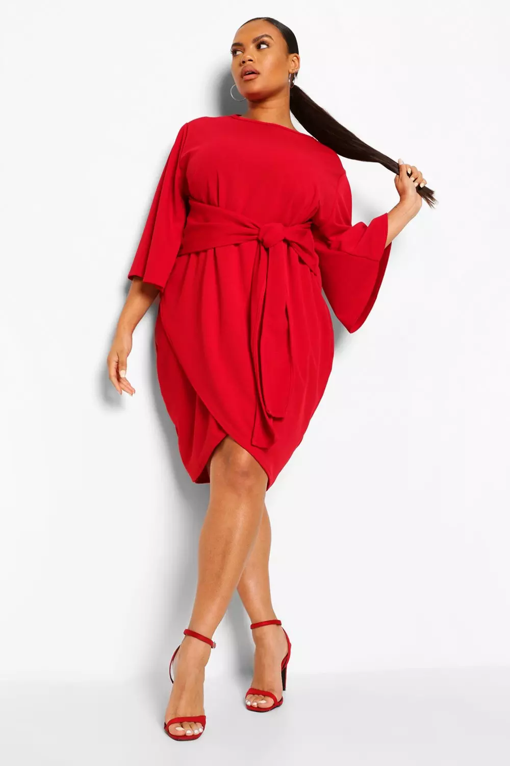 Plus Kimono Sleeve Tie Waist Wrap Dress