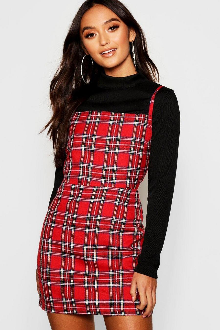 Red Petite Tartan Check Woven Square Neck Dress image number 1