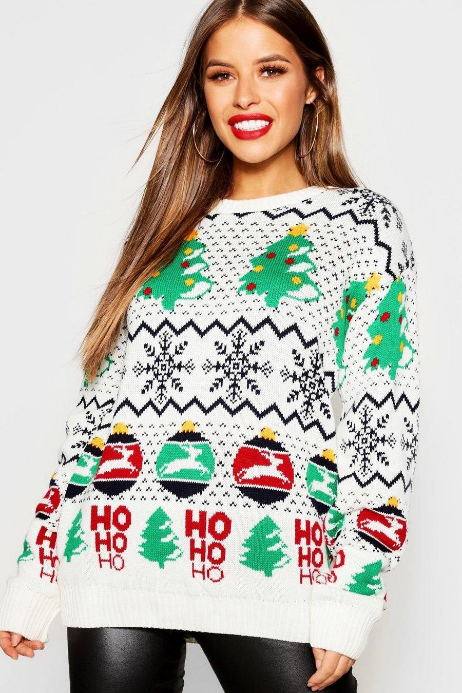 Ecru white Petite Novelty Ho Ho Ho Christmas Sweater