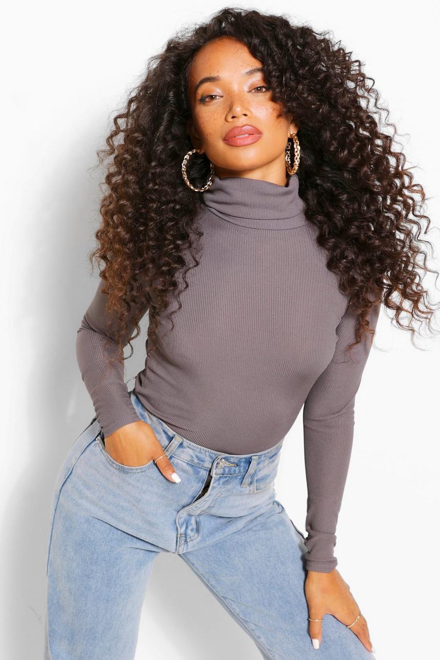 Charcoal Petite Rib Long Sleeved Turtle Neck Top image number 1