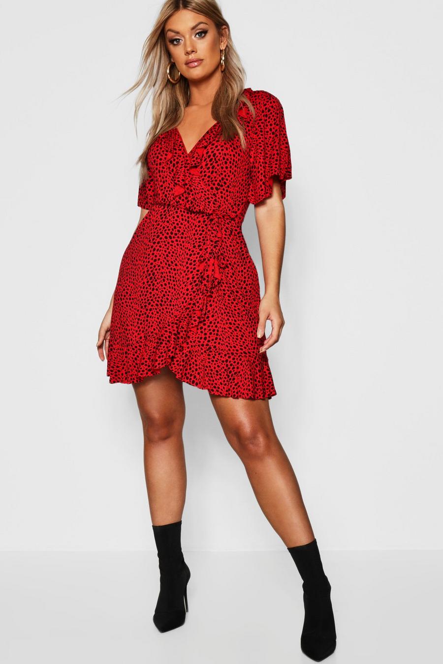 Plus Rüschen-Kleid mit Dalmatiner-Print, Rot red