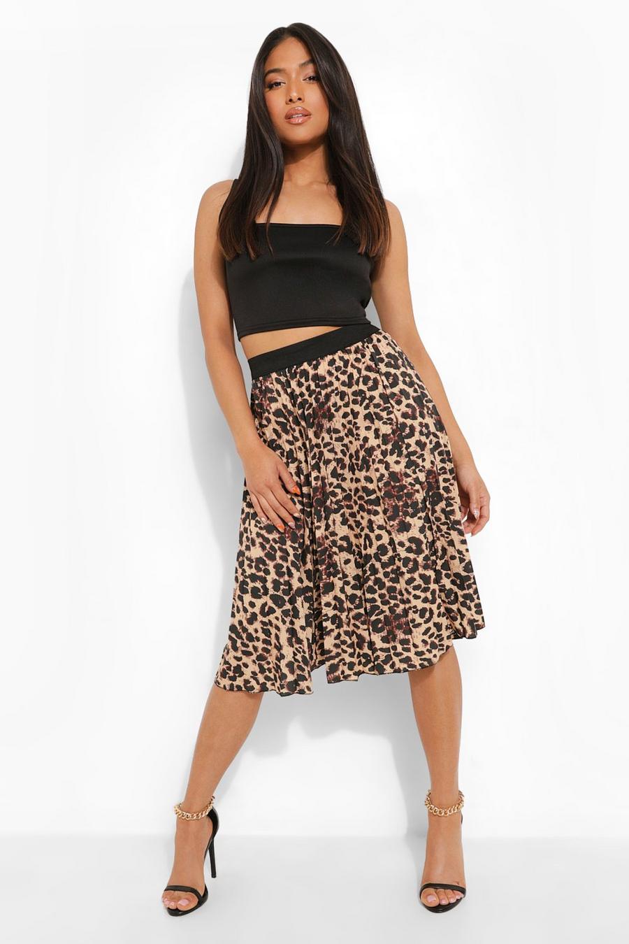 Brown Petite Leopard Print Pleated Midi Skirt