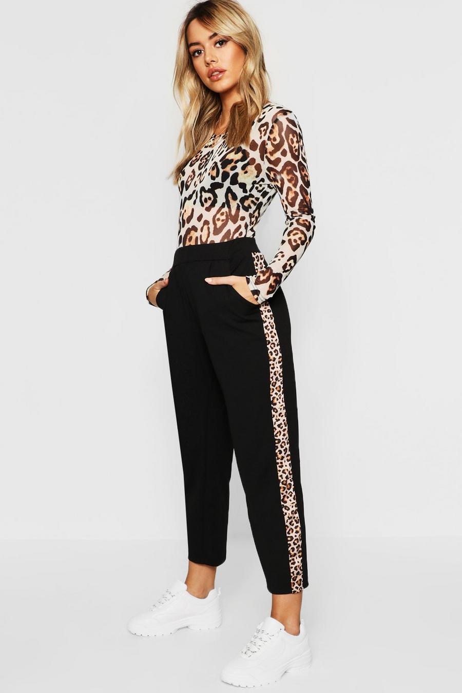 Pantalon cigarette à imprimé léopard et rayures Petite, Noir image number 1