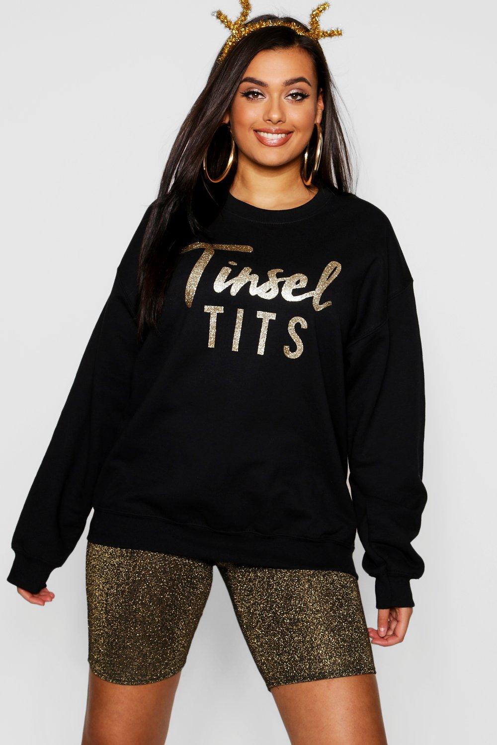 Christmas Tinsel Tits Glitter Print Sweat Jumper boohoo UK