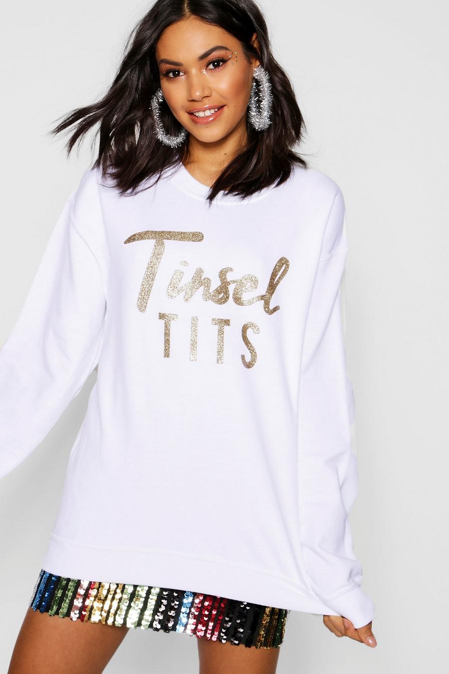 White Christmas Tinsel Tits Glitter Print Sweat Jumper image number 1