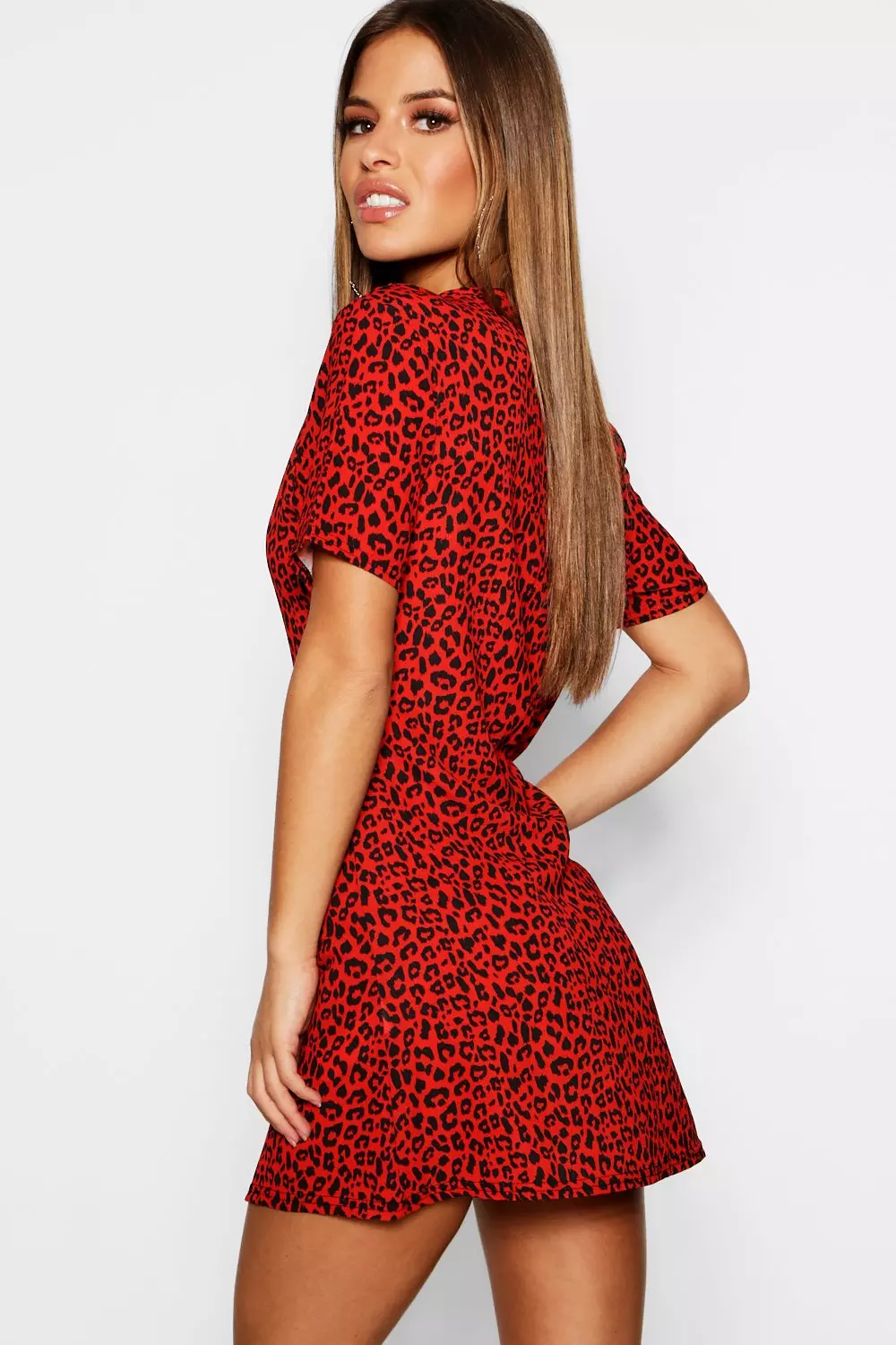 Red fashion leopard print dress boohoo