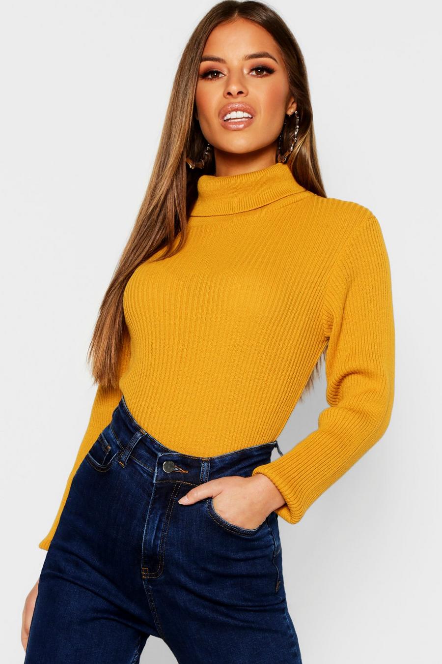 Mustard Petite Rib Knit Turtleneck Sweater image number 1
