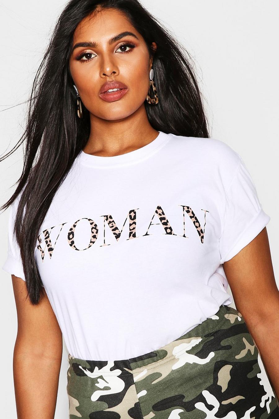 Grande taille - T-Shirt oversize léopard à inscription Woman, Blanc image number 1