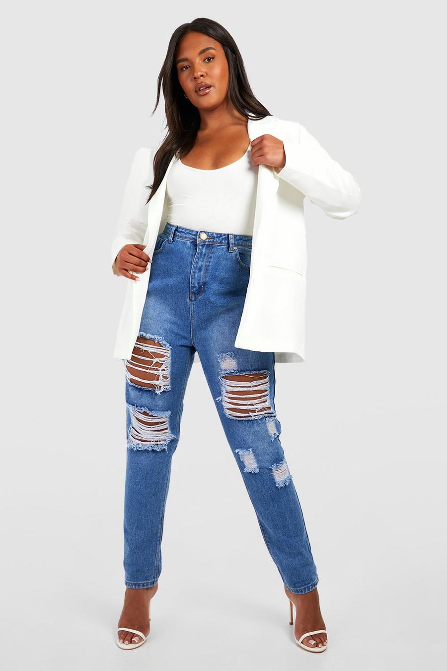 Blue azzurro Plus All Over Ripped Mom Jeans