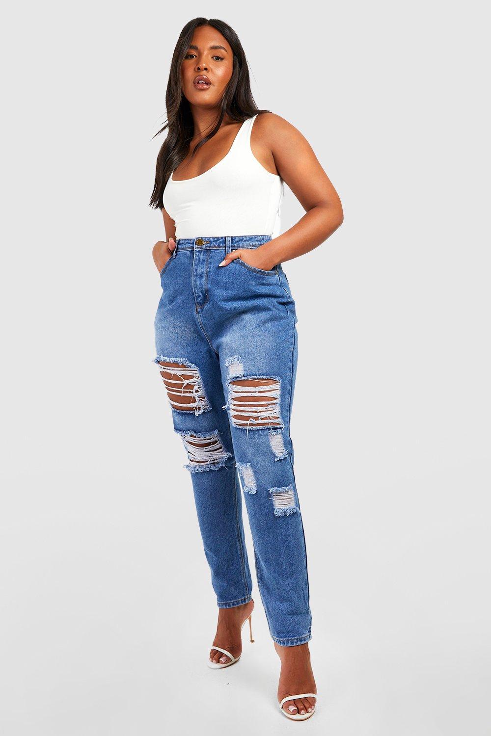 boohoo blue ripped mom jeans