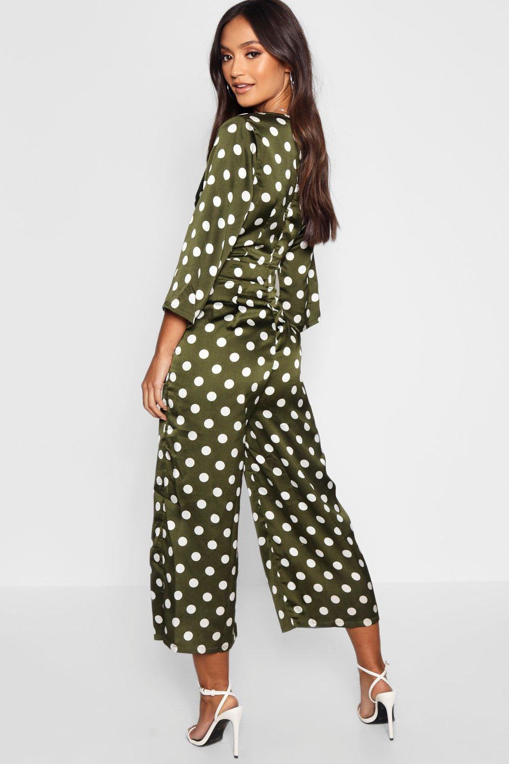 Petite Satin Polka Dot Culotte Jumpsuit boohoo USA