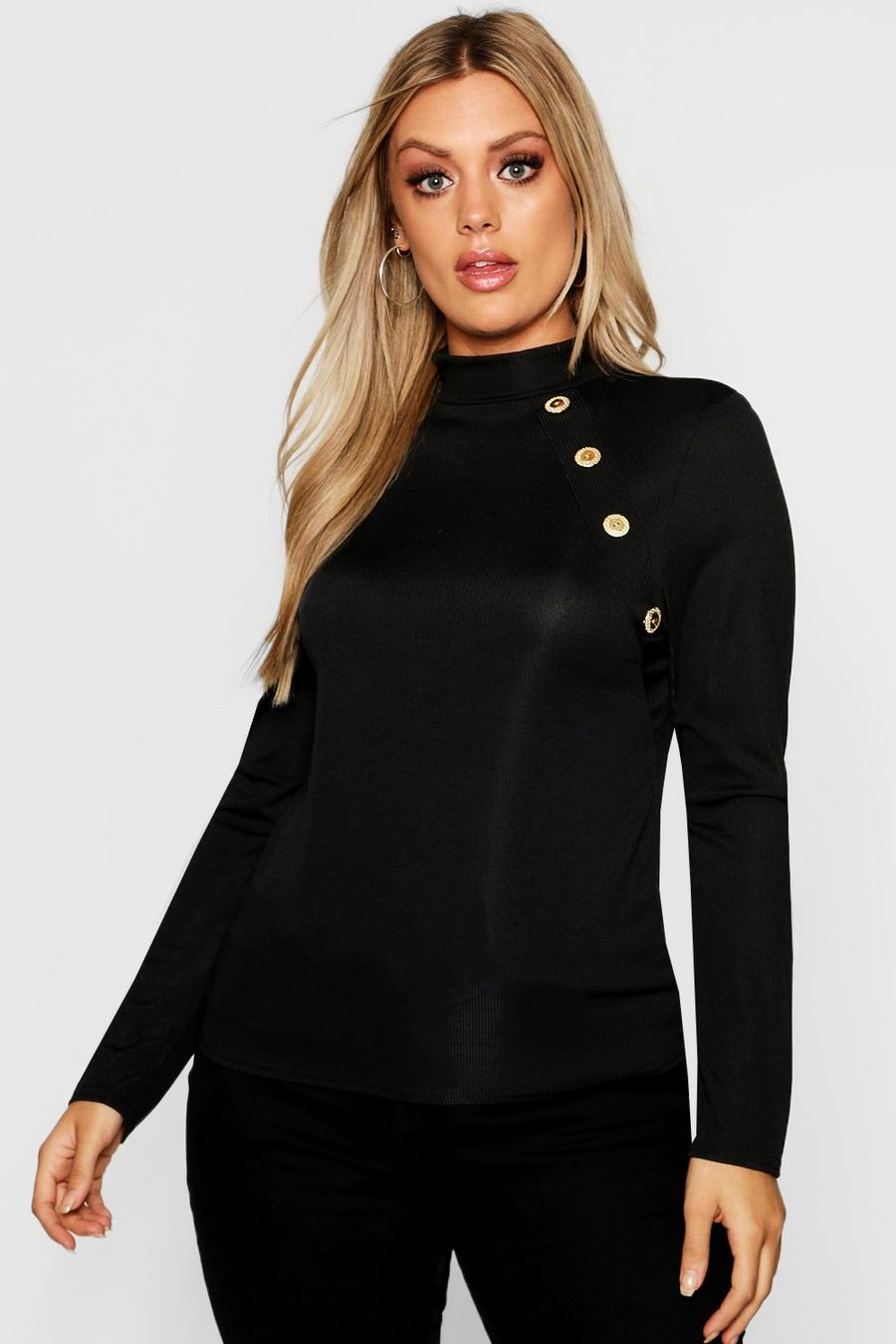 Black Plus Gold Button Rib High Neck Sweater image number 1