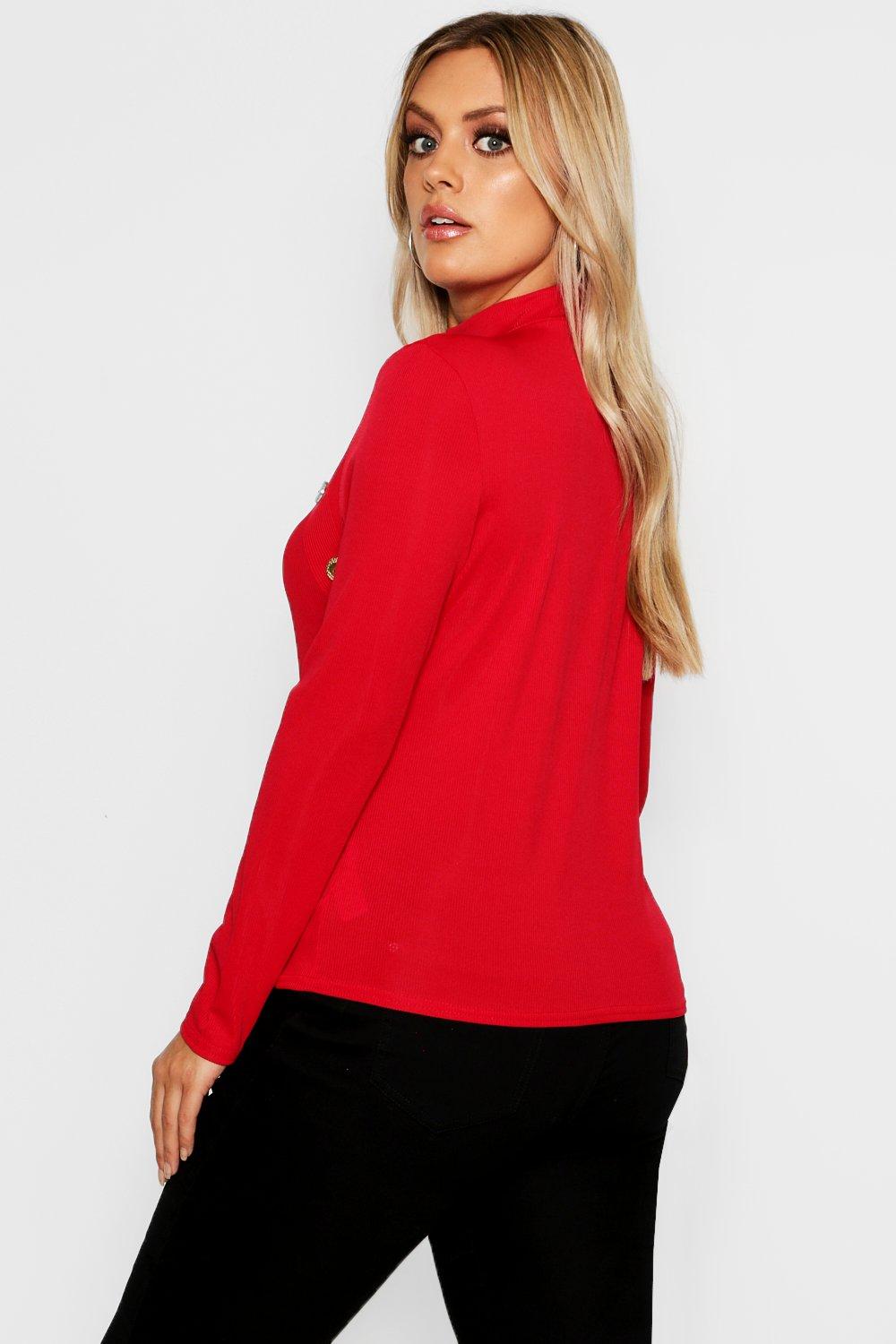 Plus Gold Button Rib High Neck Jumper | boohoo