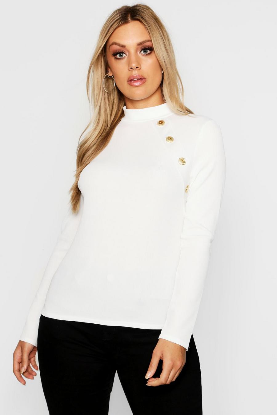 Ivory Plus Gold Button Rib High Neck Jumper image number 1