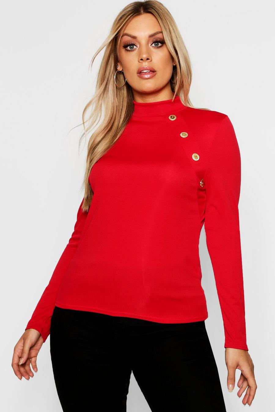 Red Plus Gold Button Rib High Neck Sweater image number 1