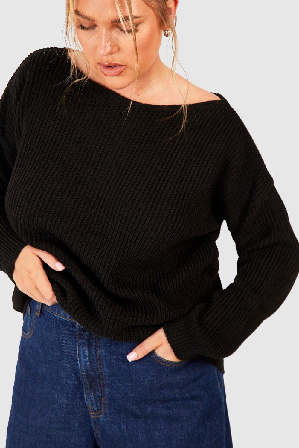 boohoo Plus Boat Neck Fisherman Sweater - Black - Size 16