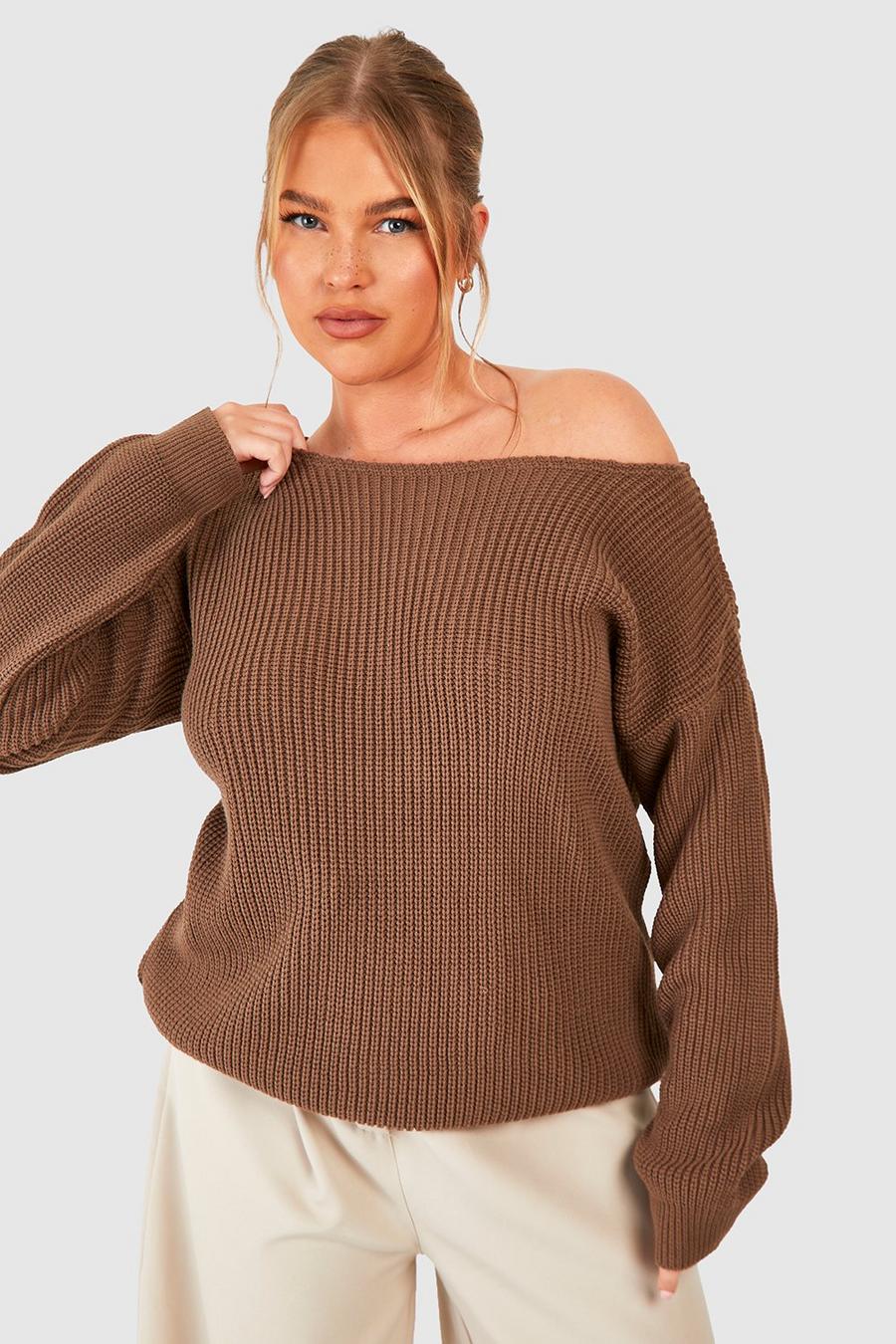 Taupe Plus Boat Neck Fisherman Sweater image number 1