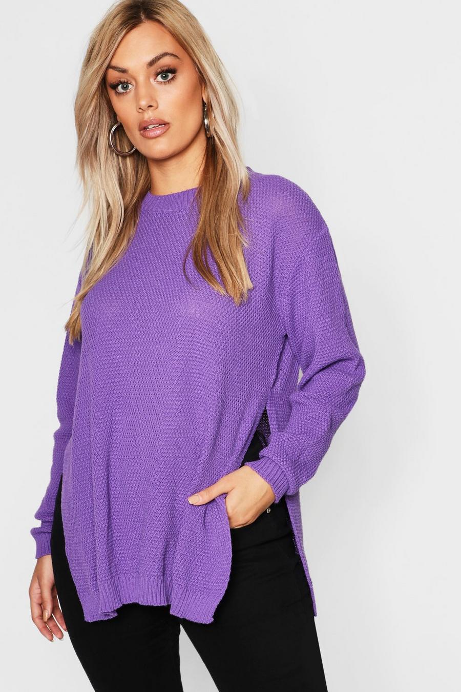 Purple Plus Side Split Moss Stitch Tunic Sweater image number 1