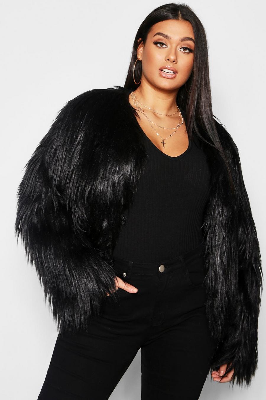 Prettylittlething Women's Plus Black Faux Fur Shaggy Cropped Jacket - Size 22