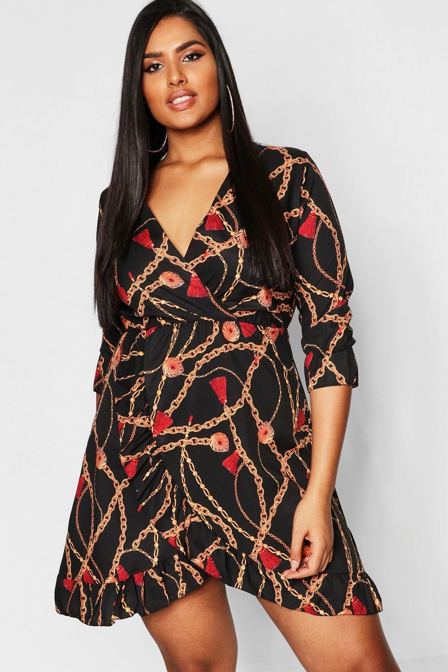 Plus Chain Printed Ruffle Wrap Dress image number 1