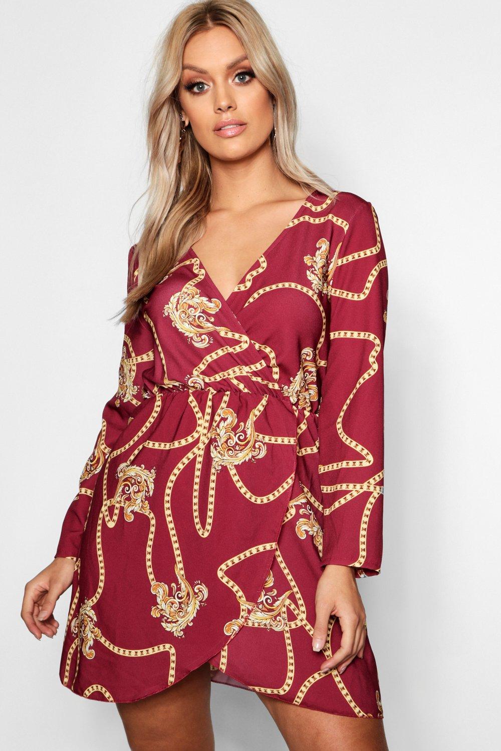 chain print wrap dress