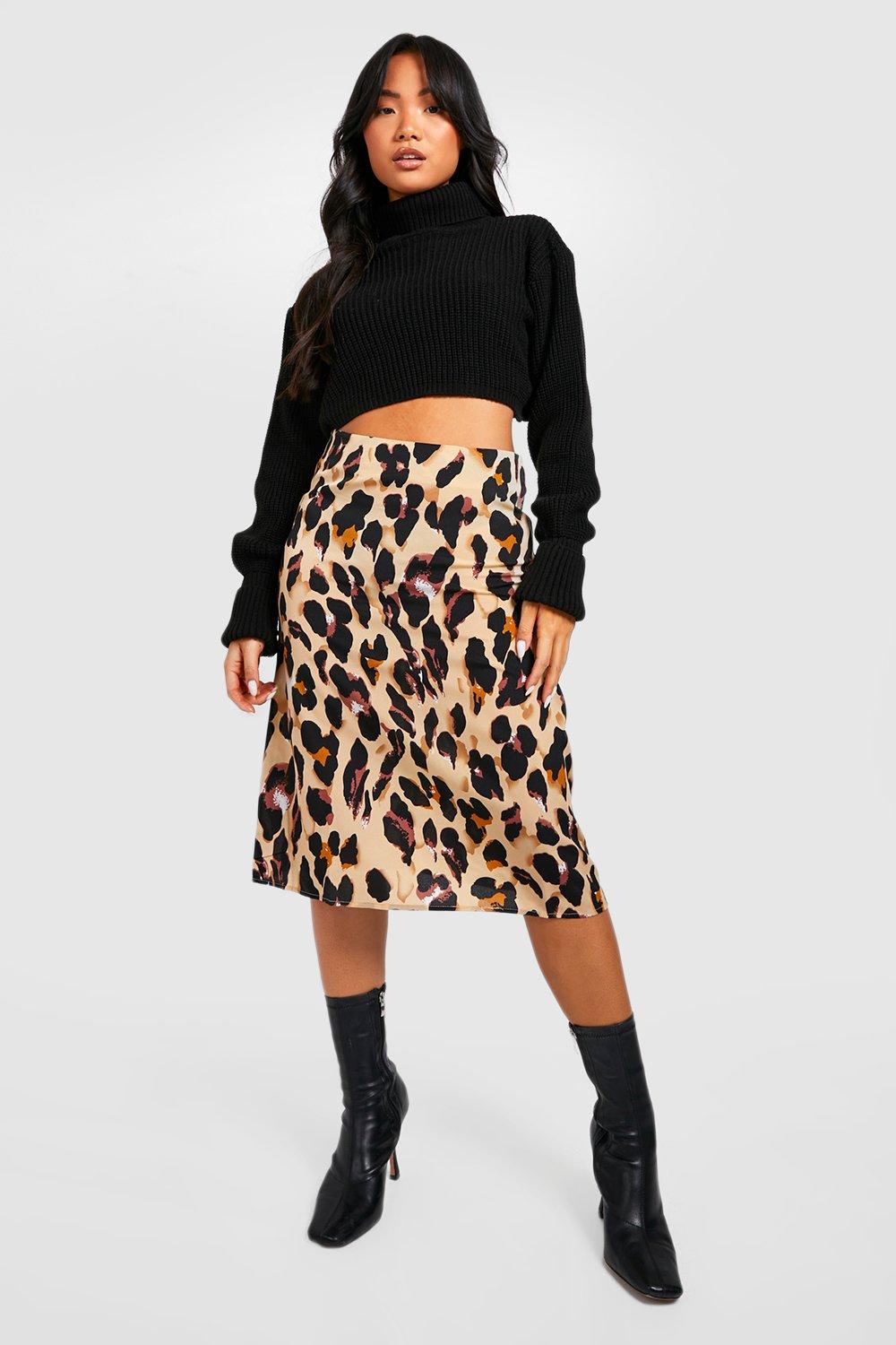 Tan Leopard Print Satin Pleated Midi Skirt | medicproapp.com