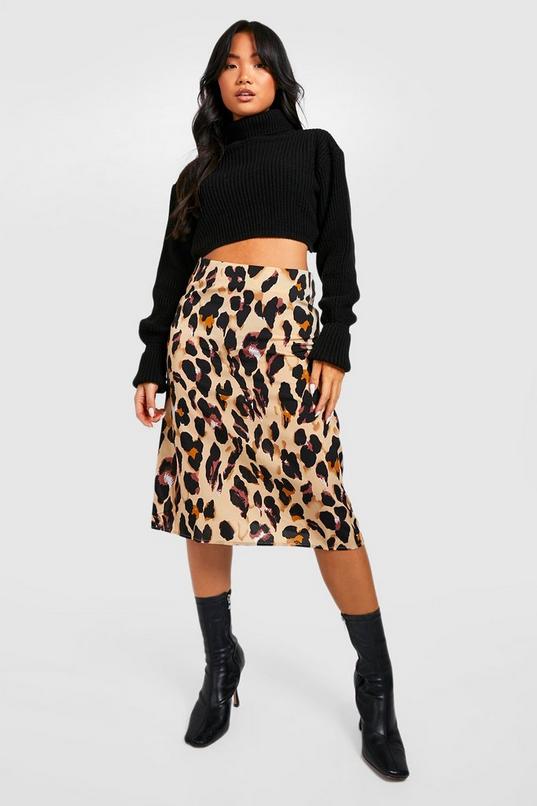 Women's Petite Leopard Print Bias Cut Midi Skirt | Boohoo UK