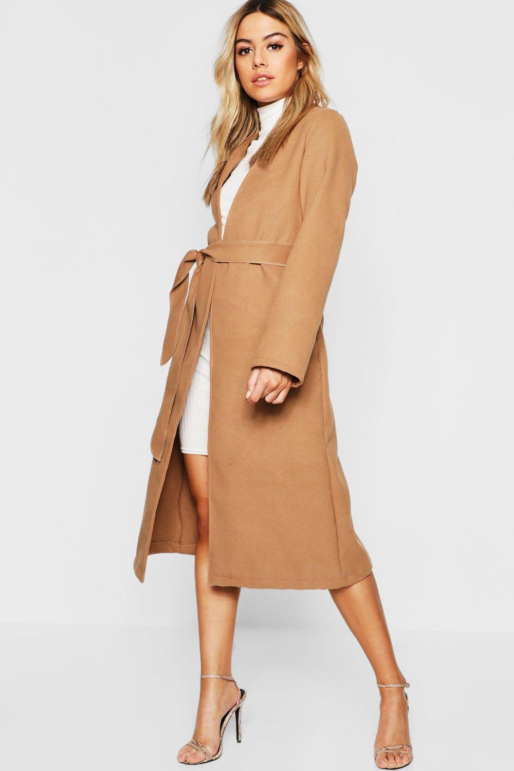 Petite Collarless Belted Wool Look Coat Boohoo