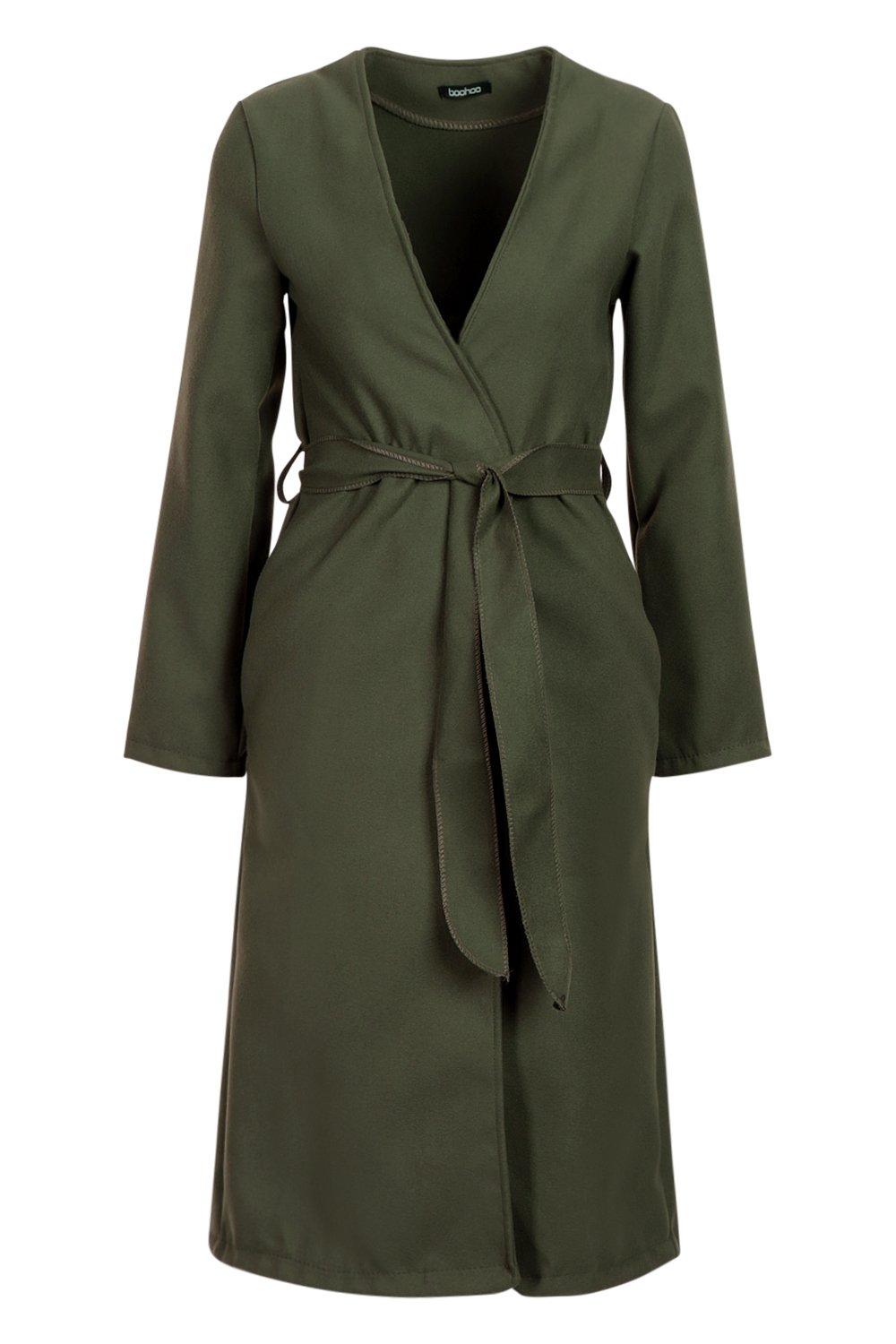 Petite Collarless Belted Wool Look Coat