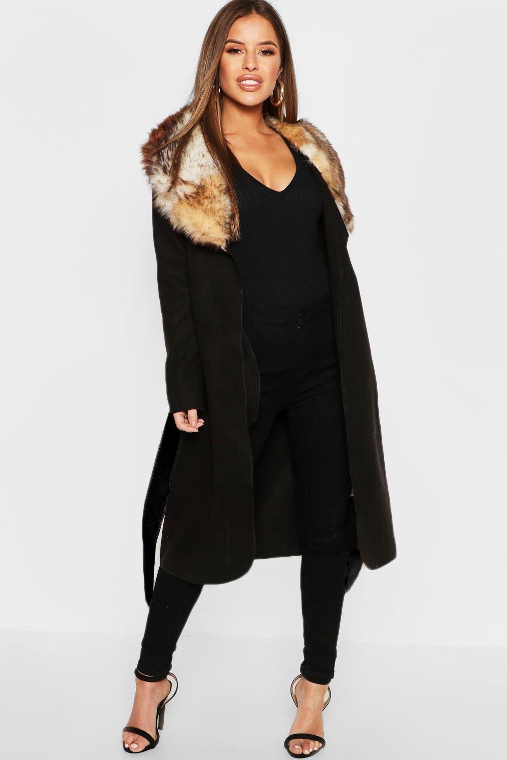 wrap coat with faux fur collar