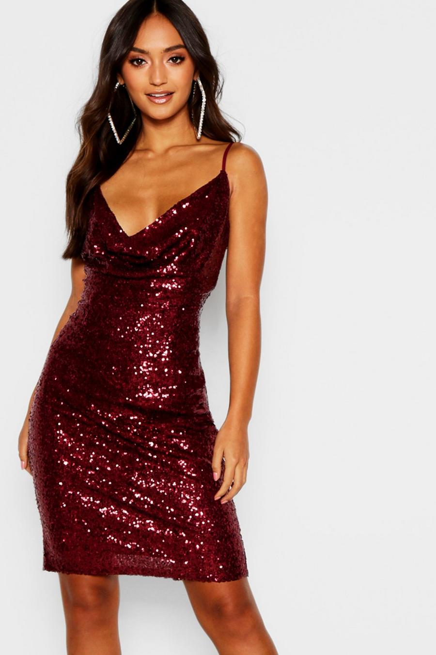 Berry red Petite Sequin Cowl Neck Midi Dress image number 1