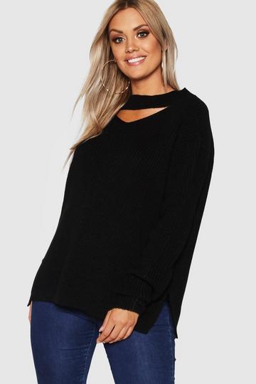 Black Plus Choker Side Split Sweater