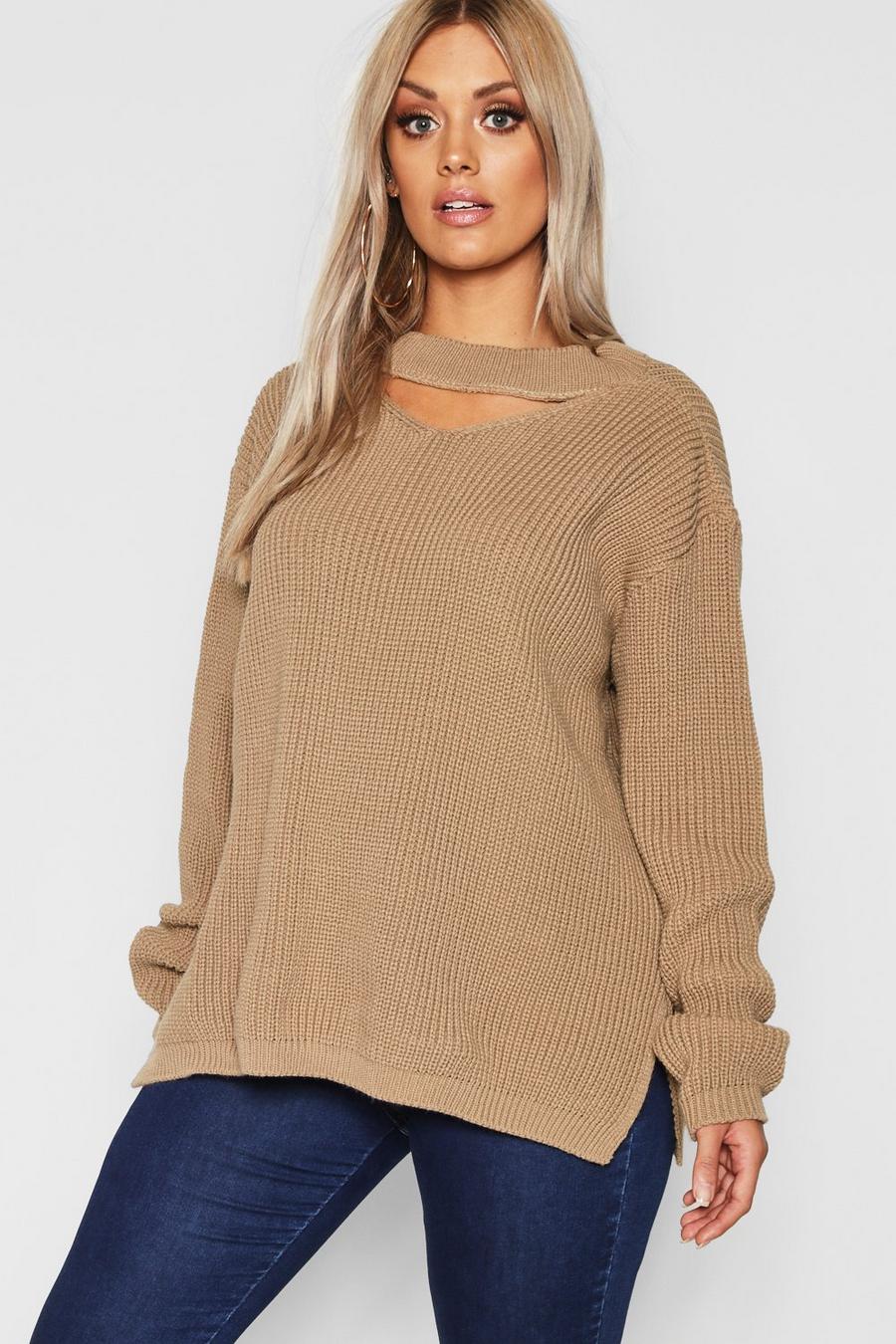 Taupe beige Plus Choker Side Split Sweater