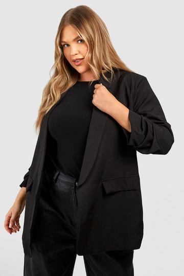 Black Plus Ruched Sleeve Lapel Detail Blazer