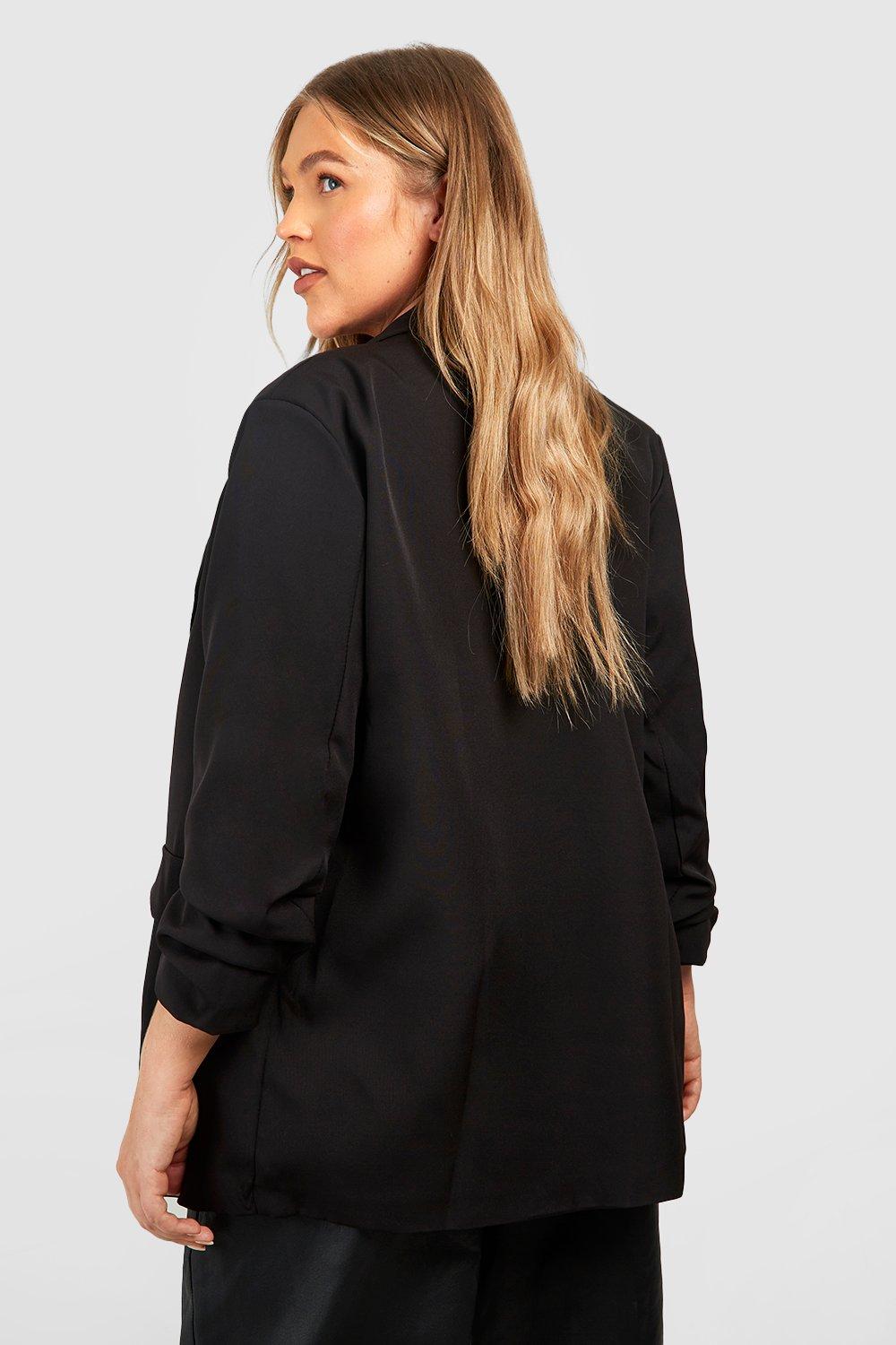 Buy Boohoo Basic Woven Ruched Sleeves Curve Lapel Blazer In Black