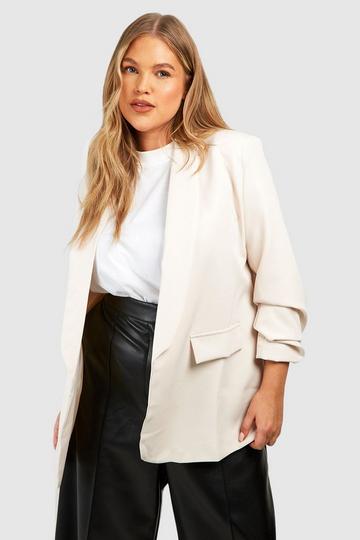 Ivory White Plus Ruched Sleeve Lapel Detail Blazer