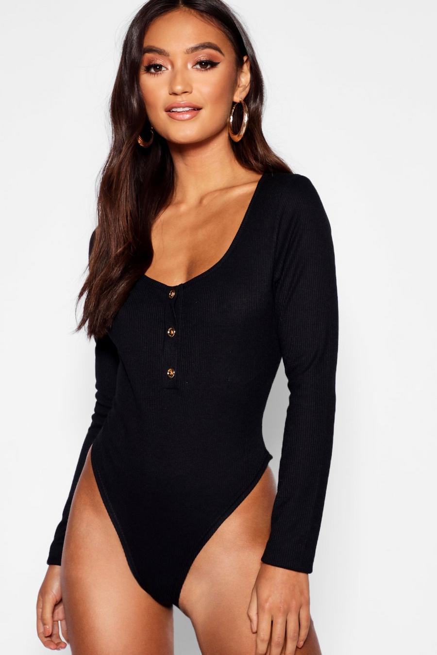 Black Petite Button Detail Scoop Neck Knitted Bodysuit image number 1
