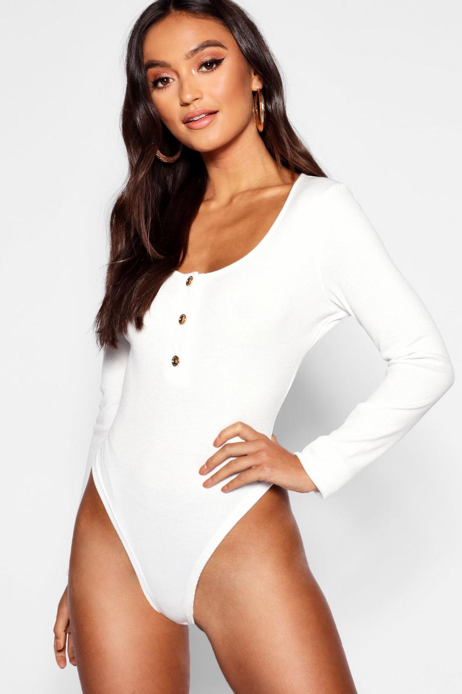 White Petite Button Detail Scoop Neck Knitted Bodysuit image number 1