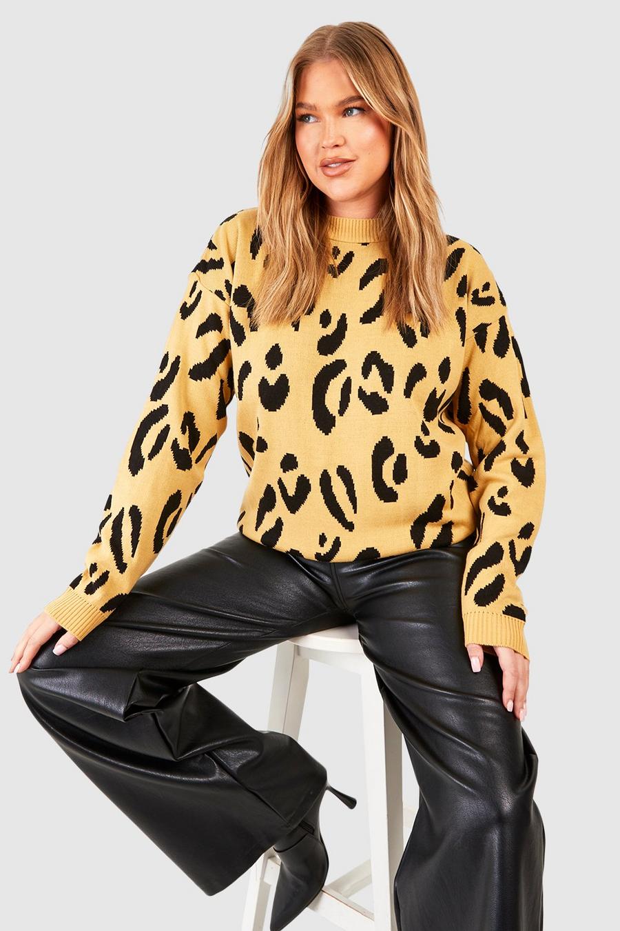 Camel beige Plus - Stickad tröja med leopardmönster image number 1