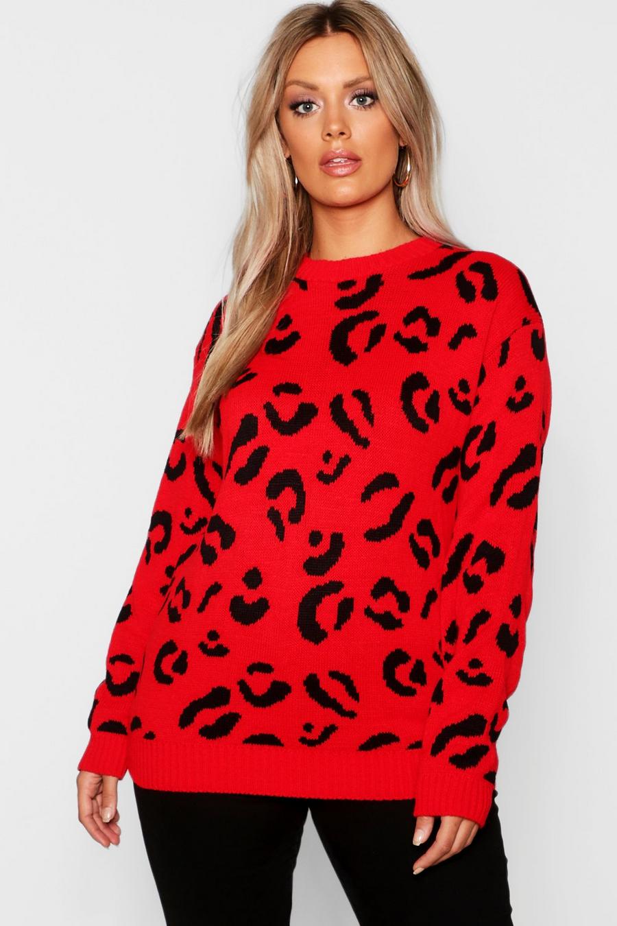 Maglione Plus Size in maglia leopardato, Rosso image number 1