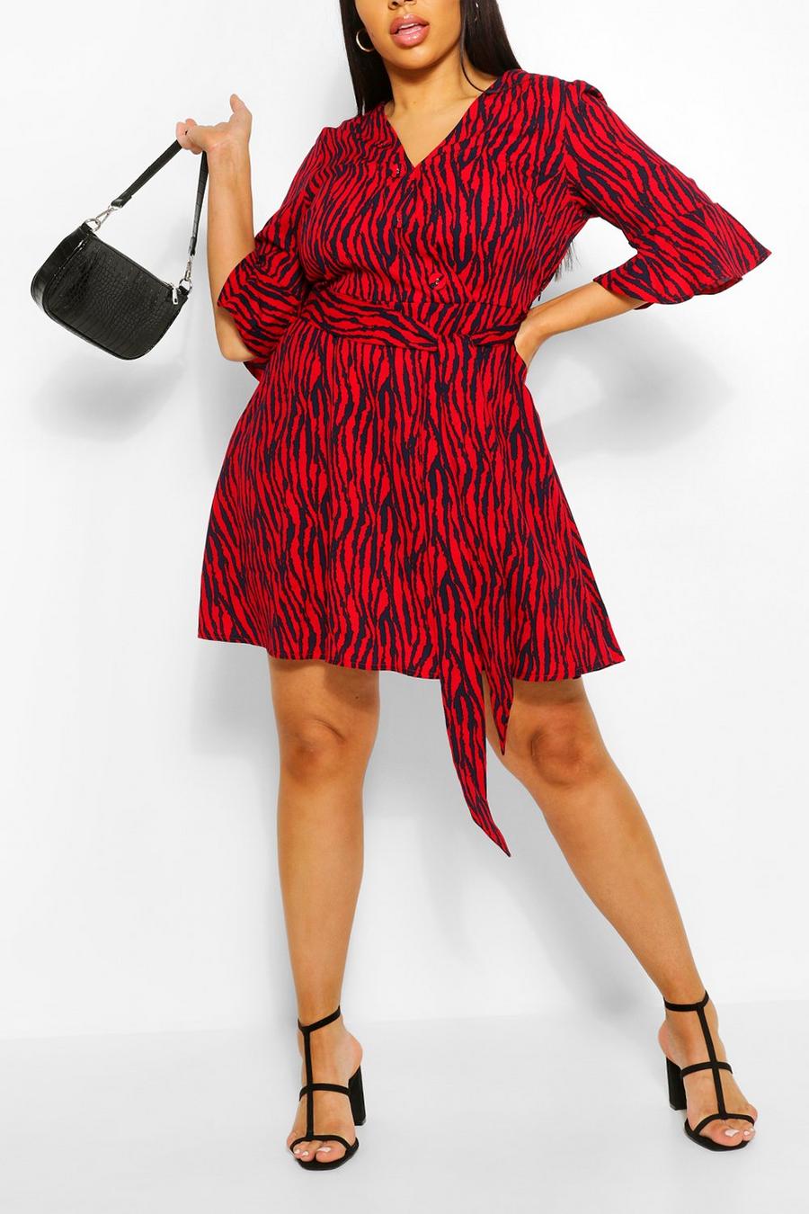 Red Plus Animal Print Horn Button Skater Dress image number 1