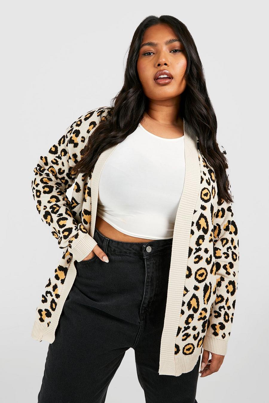 Camel Plus Leopard Knitted Oversized Cardigan image number 1